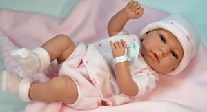 Realistická panenka miminko s dudlíkem Arias® Fany růžová deka 40 cm